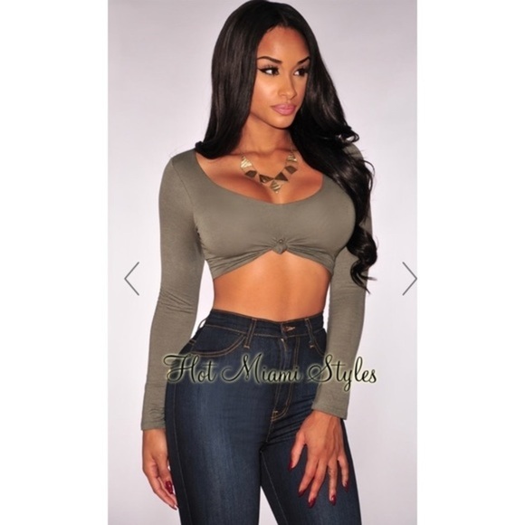 Hot Miami Styles Tops - NWT HMS Olive Knotted Long Sleeved Crop Top